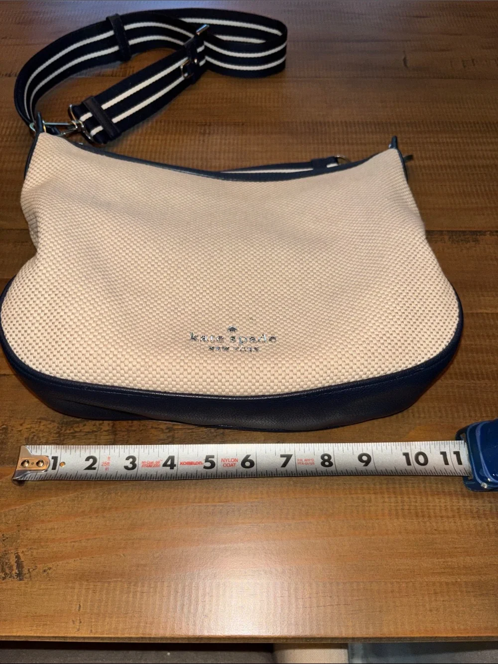 kate spade Cream Canvas Crossbody with Navy Trim and Striped Strap EUC!